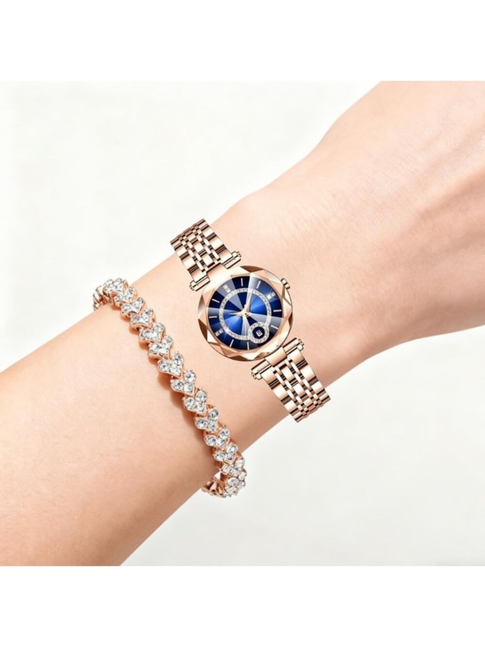 Women's Rose Blue Rhinestone Bracelet Creative Stainless Steel Strap Wristwatch - Picture 3 of 5